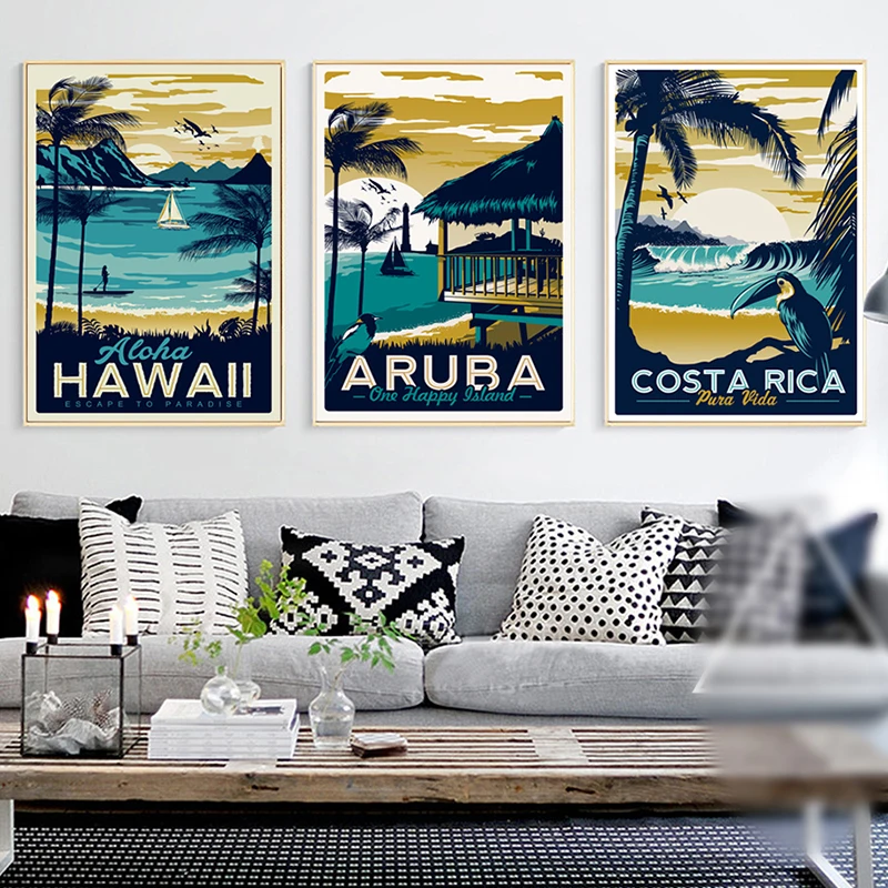 Хавай Плаж Коко Морски пейзаж Картини върху платно Стенни художествени плакати и щампи Ретро минимализъм За декорация на дома в хола