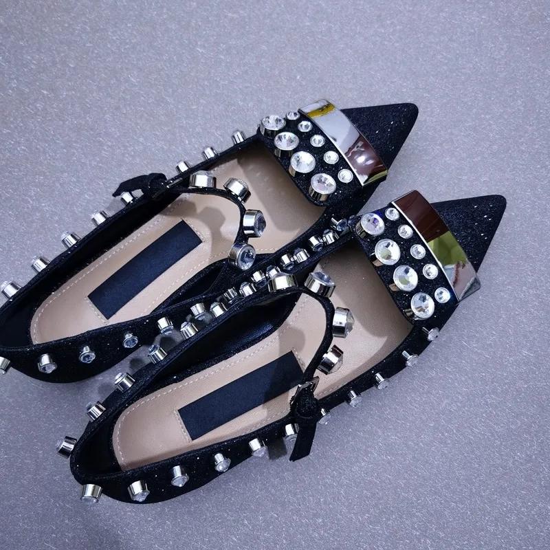 Обувки-лодка с остри пръсти, украсени с кристали, с каишка и катарама, Сребърни Сватбени лоферы, Банкетная дамски обувки Sandalias Mujer Verano
