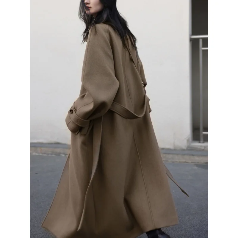 2023 Ново свободно дамско дълго палто с висока колан, дамско палто дантела, яке с дълги ръкави, палто за офис дама Есен-зима