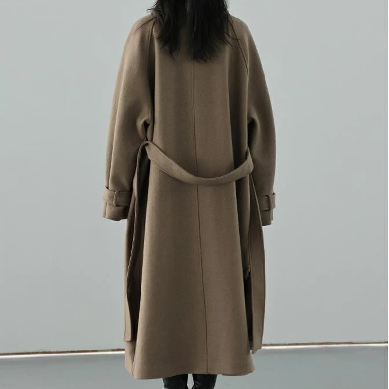 2023 Ново свободно дамско дълго палто с висока колан, дамско палто дантела, яке с дълги ръкави, палто за офис дама Есен-зима