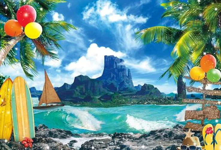 На фона на Летния остров Хавай Океанская Плаване с лодка Палмови листа Тропически цветя Фон за снимки Luau Декорация парти