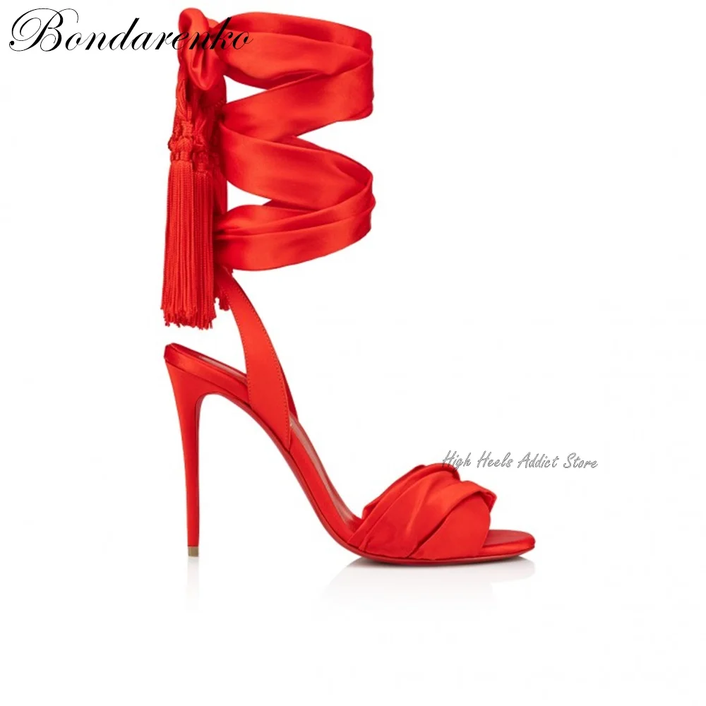 Червени сандали на висок ток с шнур от сатенена лента, дамски летни новости, обувки на висок ток с четки, Луксозни дизайнерски вечерни сватбени обувки на Трафика на