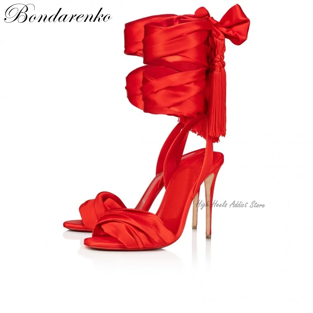 Червени сандали на висок ток с шнур от сатенена лента, дамски летни новости, обувки на висок ток с четки, Луксозни дизайнерски вечерни сватбени обувки на Трафика на