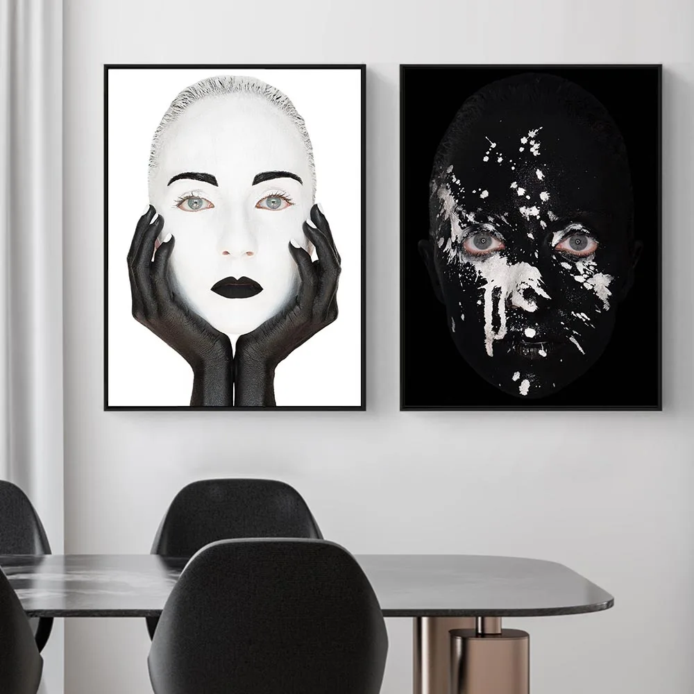 Абстрактни черно-бели лица, монтиране на изкуството, платно, боядисване, модерни постери и щампи, изображение на женско лице за всекидневна декор