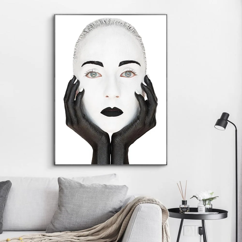 Абстрактни черно-бели лица, монтиране на изкуството, платно, боядисване, модерни постери и щампи, изображение на женско лице за всекидневна декор