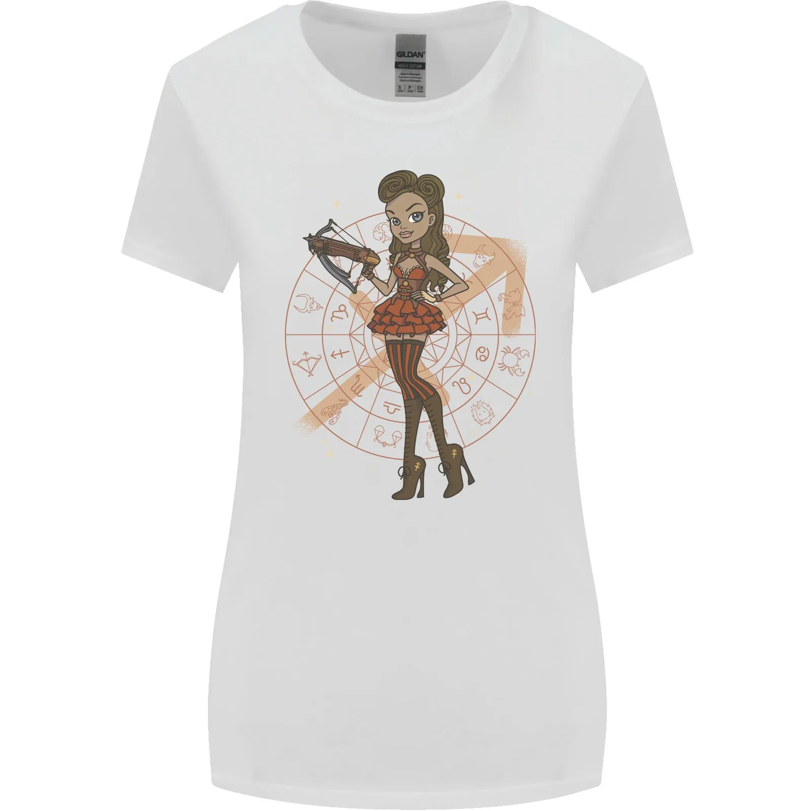 Стрелец, жената е в стил steampunk, Зодия, женска тениска с широко деколте и дълги ръкави