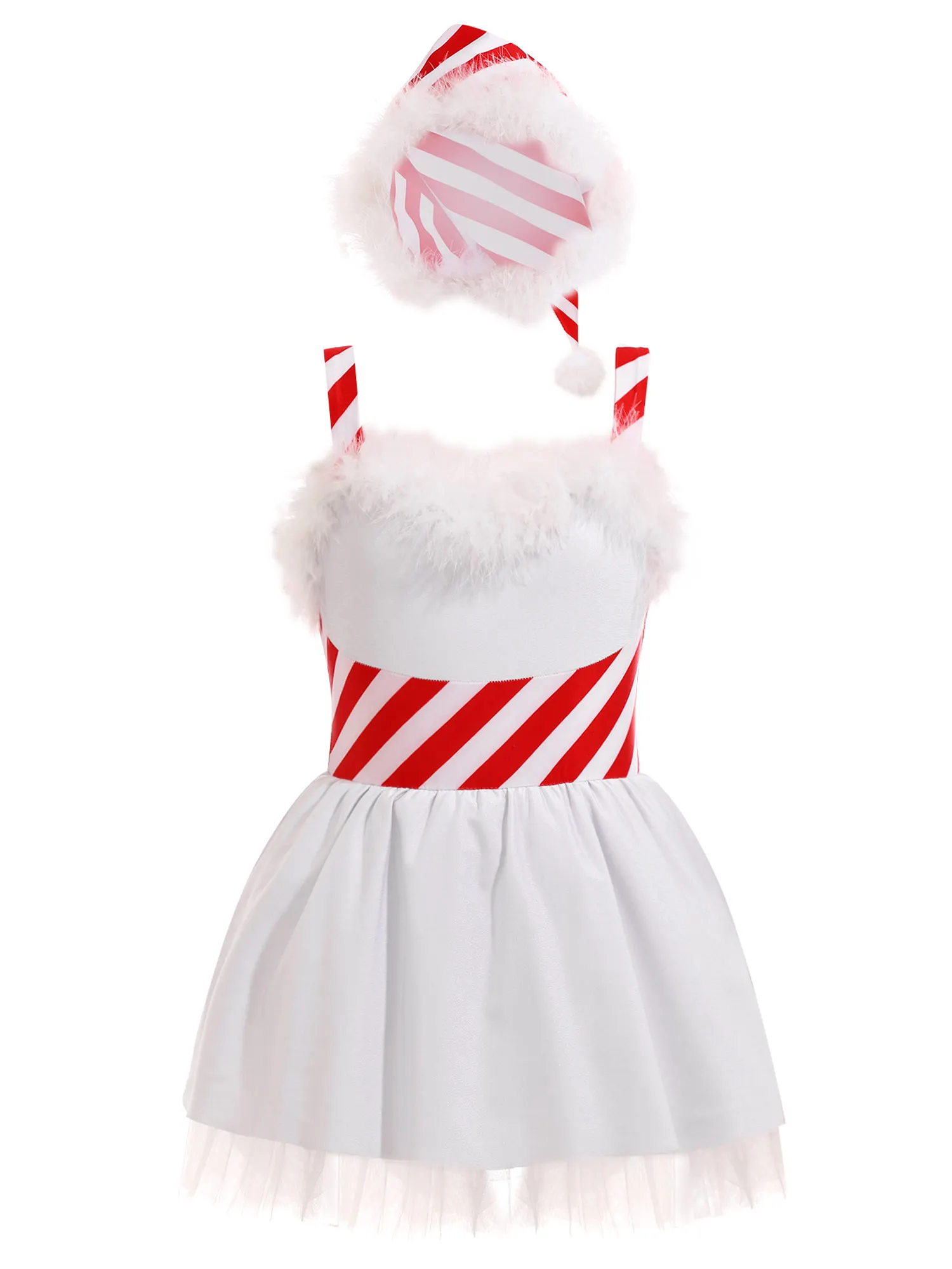 Коледни костюми за момичета в ивица с пера, Балетное рокля-пакет без ръкави, с шапка, комплекти за Коледен празник, фестивал, партита
