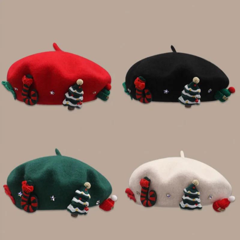 Вълнени коледни барети 2023, Скъпа шапка на художник, в есенно-зимната атмосфера, сладка и готина момиче, дамски шапки вдлъбната форма