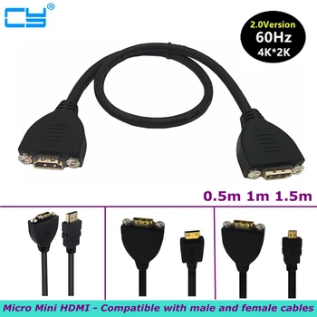 0,5 м, 1 м и 1,5 м Позлатени 4K Micro Mini HDMI - съвместим кабел за разширяване на мъжа към жената с инсталирането на резба панел