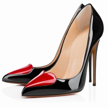 2022 Секси високи обувки-лодка Дамски обувки на висок ток 12 см Черна лачена кожа Червен дамски обувки на сватба Love Шило Размер Плюс 45 46
