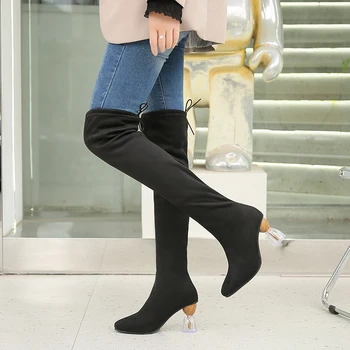 2023 Дамски обувки-големи размери, Дамски ботуши над коляното с цип отстрани, Женски ботуши на висок ток във формата на чаша За вино, Модни дамски обувки