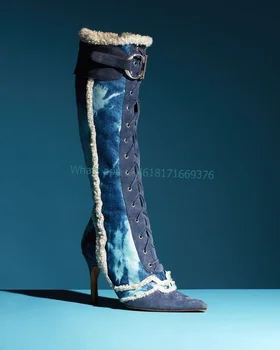 2023 Дизайн Секси ботуши с остри пръсти Дамски кожени ботуши до коляното, син цвят с препратка джапанки Рокля Дамска мода Обувки на висок ток-висок ток