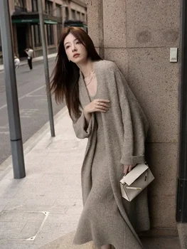2023 Нови дамски есен-зима изолирана Удобни Свободни дълги пуловери, сака, вязаное рокля midi, Елегантен комплект от две части, луксозен