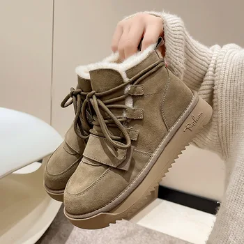 2023 Нови зимни обувки от цели материал, женски модерни велурени обувки дантела отпред, дамски обувки в дебела подметка, топли и удобни дамски обувки