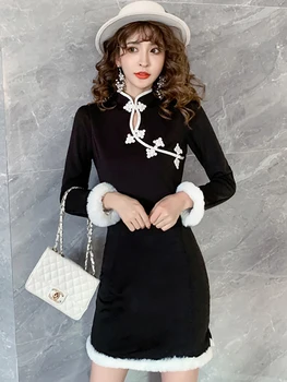 2023 Черно Мозайка къса рокля от домакинството е заек вълна в стил Мозайка, Жена на Корейското Винтажное рокля Хепбърн, выпускное Есенно-Зимния Елегантна Дебнещ облечи Kawaii