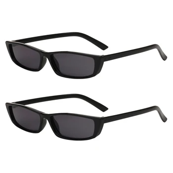 2X Ретро Правоъгълни Слънчеви очила Дамски Модни слънчеви Очила с Кошачьим око Тенденция Малка Дограма Черни Слънчеви Очила Реколта Тесни Очила