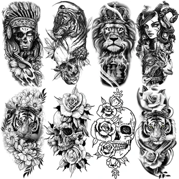 3D Реалистични Временни татуировки Лъв, Тигър За мъже И жени, на Черепа, на Рози Цвете, Фалшива татуировка, Реалистична Обстановка за боди-арт, хартия за татуировки