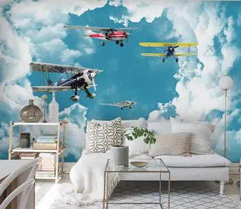 beibehang Модерни тапети средиземноморско синьо небе, бели облаци, стенни боядисване на самолети, на фона на детската стая, 3D тапети за стени
