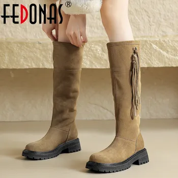 FEDONAS/ Лаконичен топли дамски ботуши до коляното в ретро стил, зимни високи обувки от дебел плюш, качествени обувки от естествена кожа, дамски ежедневни офис обувки