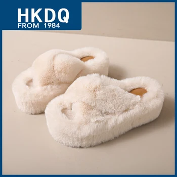 HKDQ Зимни кожени чехли на платформа, дамски модни бели домашни плюшени чехли, дамски удобни меки пухкави дамски домашни чехли