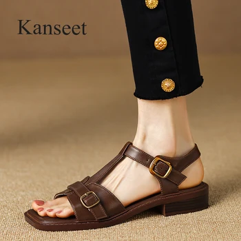 Kanseet/ нови обувки; Дамски сандали от естествена кожа, с отворени пръсти; летни ежедневни Дамски обувки на нисък ток с катарама за ръчно изработени; Дамски обувки кафяви 41