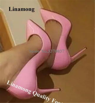 Linamong В класически стил, обувки-лодка от лачена кожа на висок ток 12 см, сладки вечерни обувки на много висок ток с остър чучур червен цвят.