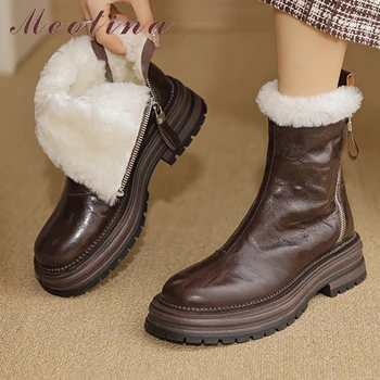 Meotina / женски ботильоны от естествена кожа, с кръгли пръсти, вълнени полусапожки с цип, на платформа и средно токчета, дамски модни зимни обувки