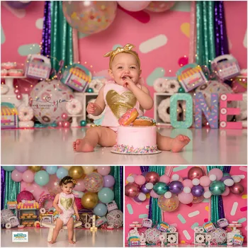 Mocsicka Donuts Момиче 1st Birthday Фотофоны Цветна завеса Декор от балони, Декори за разбиване на торта за фото студио