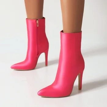 Pink pearl кожа с остри пръсти, зимните обувки на висок ток-висок ток Y2k, къси дамски обувки на щиколотку, тенденция 2023, Промоция безплатна доставка