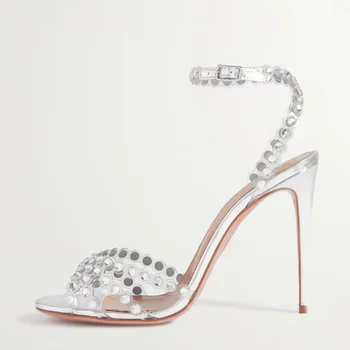 Бели обувки на висок ток, прозрачни кристали, Елегантни сандали на ток с отворени пръсти, ръчна работа, голям размер по поръчка 13 15