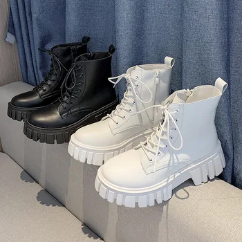 Ботуши на платформа, 6 Женски Обувки Есен 2021, Нова Бяла Обувки от Изкуствена кожа, Дамски ботильоны на масивна ток с шнур, Zapatos De Mujer