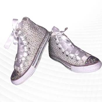 Бяла парусиновая обувки с висок берцем ръчна изработка, изработени по поръчка, ежедневни обувки дантела с кристали, мъжки и дамски ежедневни обувки, големи размери 35-46