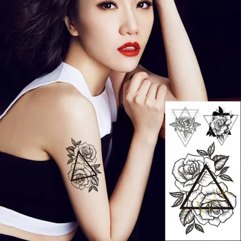Водоустойчив временна татуировка, геометрични триъгълни скица Рози, прехвърляне на вода, фалшива флаш татуировка за мъже и жени