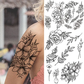 Временни татуировки със секси цвете за жени и момичета, стикер с татуировка лилия, георгина, орхидея, божур, роза, татуировки с черни листа и фауна на тялото