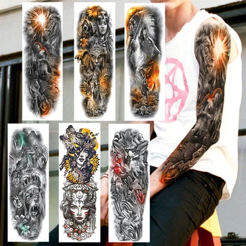 Голяма Пълна Ръка Воин На Свещения Лъв Временни Татуировки Стикер Реалистична Фалшива Индия Tribal Вълк Ръкав Татуировки За Мъже, Жени, Момчета