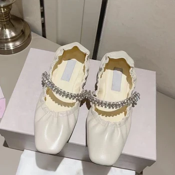 Дамски балет апартаменти на равна подметка с каишка от кристал, квадратен чорап, Меко нагънат фини обувки с диамантена веригата.