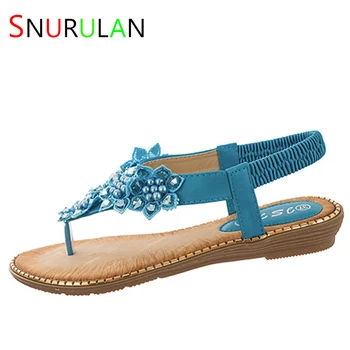 Дамски летни кожени сандали с кръгло бомбе и цветя модел е ръчна изработка на мека противоплъзгаща гумена подметка, плажни обувки впечатлява със своя бохемски стил
