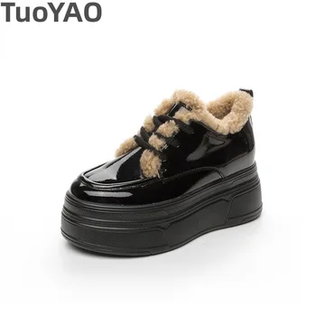 Дамски обувки на платформа от лакирана естествена кожа с дължина 8 см, черни Ежедневни зимни обувки в танкетке с плюшено кожа, Модерен Дамски ботильоны.