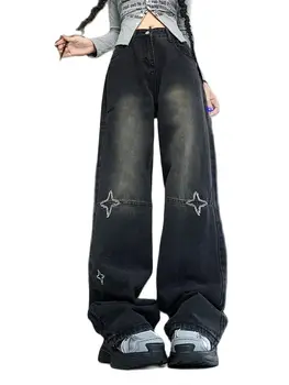 Дамски свободни дънкови панталони директно намаляване на Black Star Design Sense в стил ретро-американската пикантен момичета на 90-те Y2K Spicy Момиче с бродерия