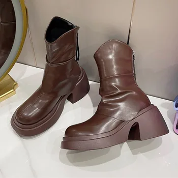 Дамски тънки обувки със средна дължина на дебела подметка, пролет и есен 2023, Нова реколта къси ботуши на дебелите ток Фрайд Street Slim за жени