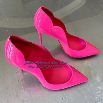 Дамски ярко Розово Сватбени обувки от лачена кожа с Неправилна форма с неглубоким деколте на висок ток 12 см, 10 см, 8 см, Обувки-лодка с остри пръсти, Обувки-слипоны