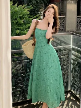 Дамско модно Ежедневното рокля трапецовидна форма с флорални принтом, Лятно Елегантна Зелена рокля в стил бохо без ръкави, Женски Реколта рокли