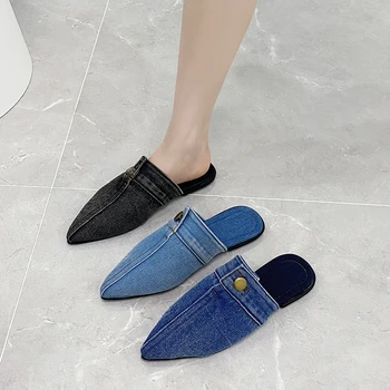 Дизайнерски дамски обувки 2023, Сини дънкови чехли, Секси дамски чехли с остри пръсти, Модерни улични пързалки със затворени пръсти, Класически мюли