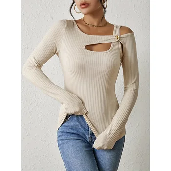 Есен/Зима 2023, нов дизайн, трикотажная риза с открити рамене, сексуална приталенная женска тениска с дълги ръкави