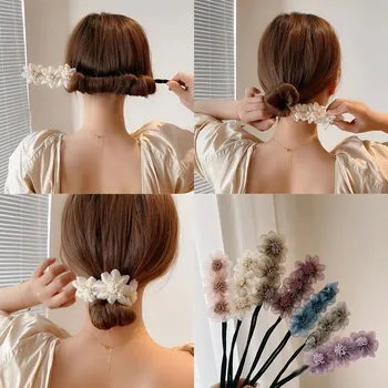 Жена Елегантна, производител на пъпки от шифон и цветове Maruko за създаване на прически, дълъг инструмент за плетене на прекрасната коса, въжени колела за коса, Корейски аксесоари