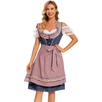 Жена Немска рокля в клетката на Октоберфест, Престилка с квадратни деколтета, костюм за бирения фестивал, cosplay, вечерни рокли на Хелоуин