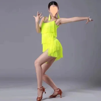 Жена Секси рокля за латино танци с пискюли и пайети, костюми за състезателни танци, Салса, танго, Ча-Ча-Румба, танцови за самба