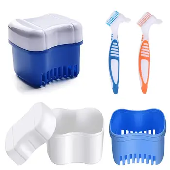 Здрав двуслойни пътен кутия за съхранение на зъбни протези, контейнер за зъбни протези с кошница, четка за почистване на чанти за зъбни протези