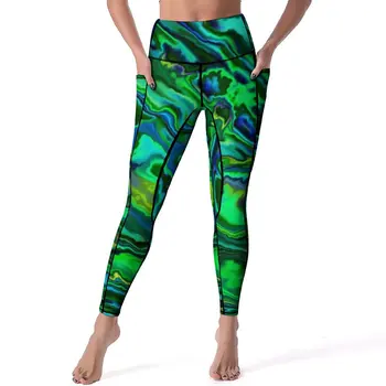 Зелени Течни панталони за йога с джобове, гамаши, с абстрактно принтом, Секси повдигащ, эстетичные Спортни чорапогащи за йога, Еластичен дизайн, гамаши за фитнес зала
