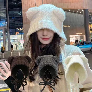 Зимна шапка със защитата на ушите Хубава мечка за момичета, загрята Топла Вязаный пуловер, Градинска Ветрозащитная Плюшен шапчица-бини в Корейски стил
